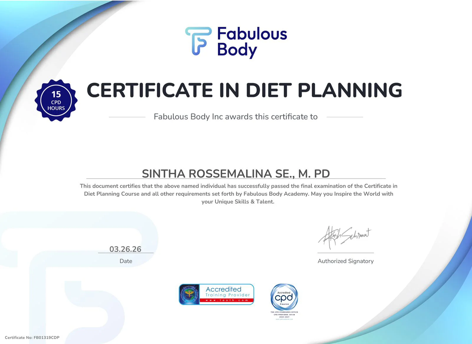 Sintha Certificate